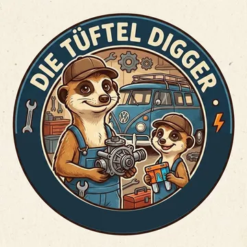 Logo der Tüftel Digger: zwei tüftelnde Erdmännchen vor einem VW-Bus